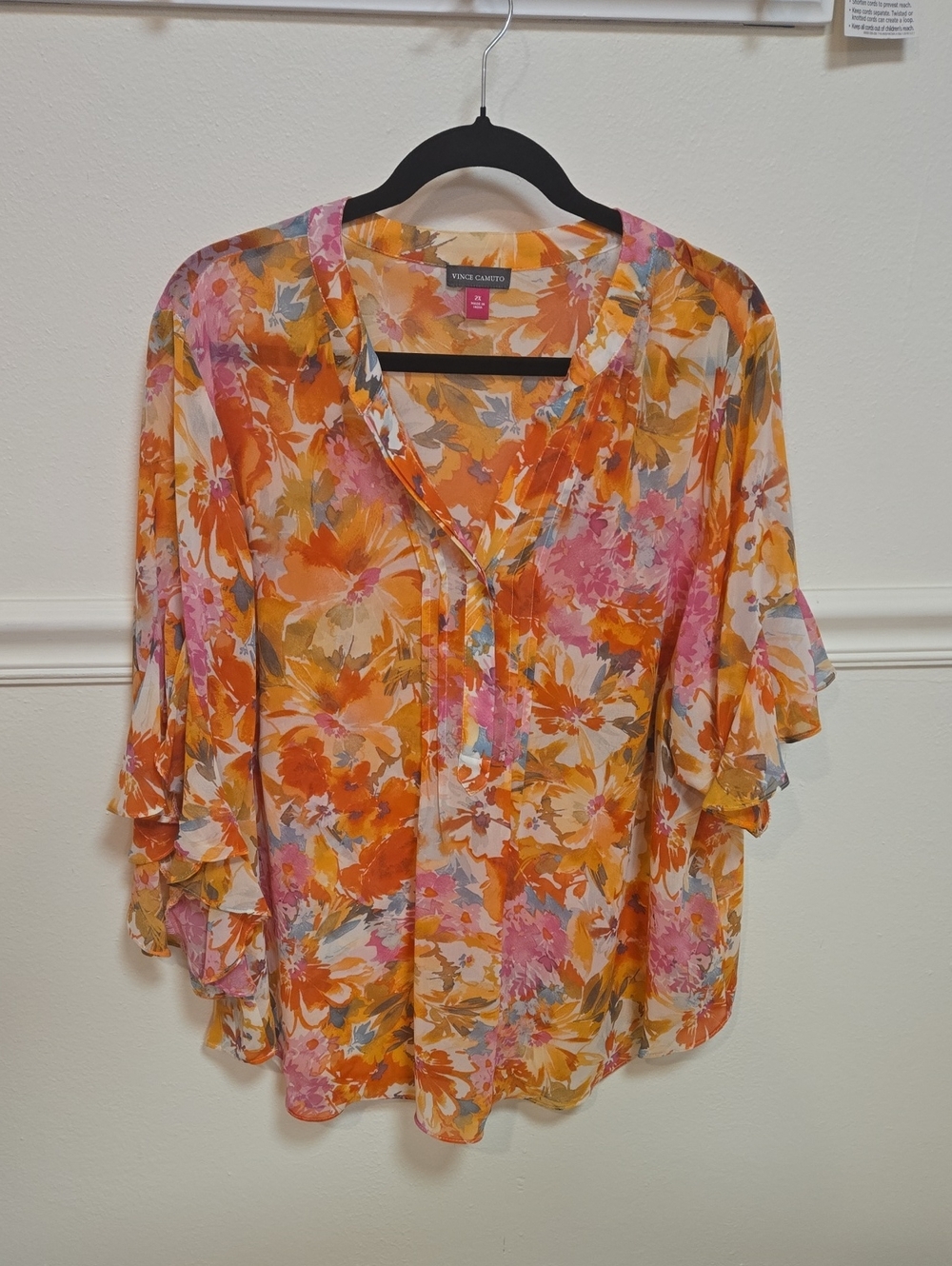 Vince Camuto Floral V-Neck Ruffle Sleeve Blouse — Orange, Pink & Cream